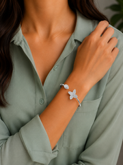 Flower and leaf pattern cz studded open ended kada in pure silver