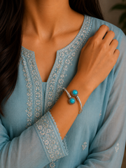 Round rava pattern natural turquoise stone twisted kada in pure silver