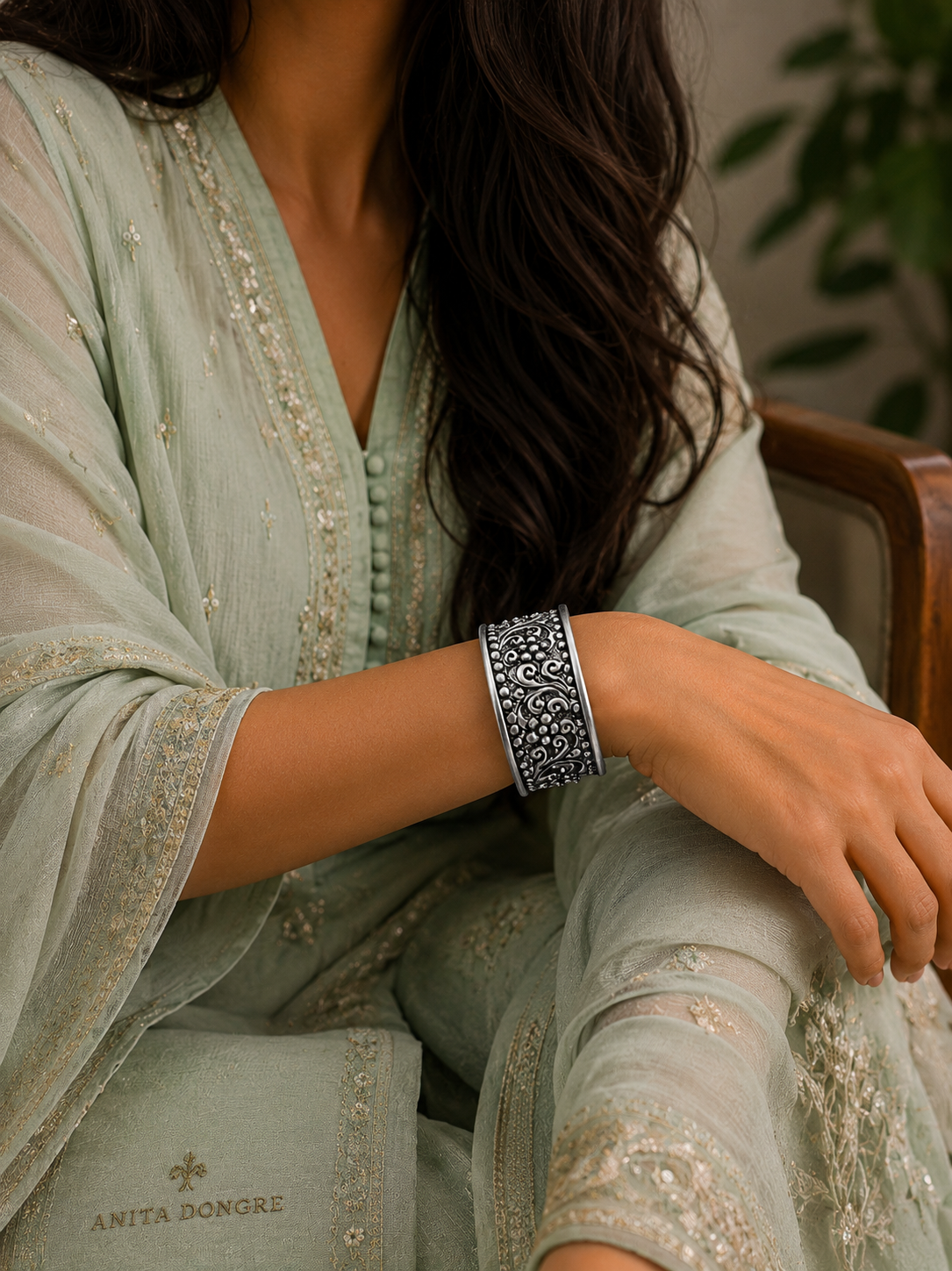 Free size intricate carving work thick kada in pure silver