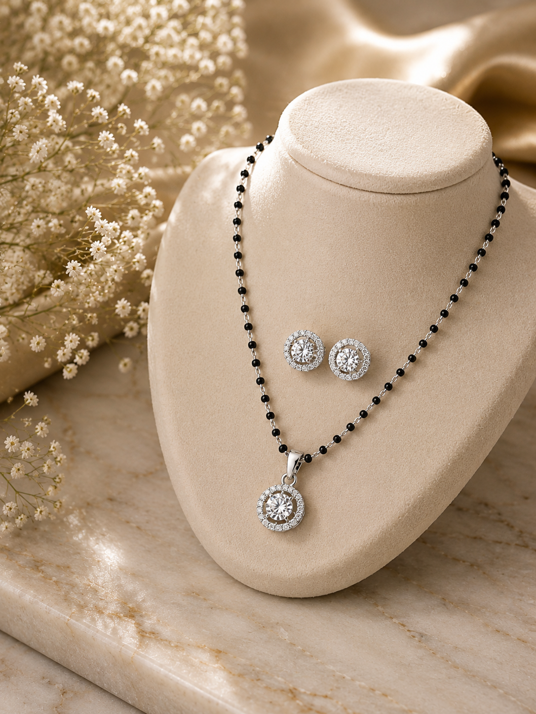 9mm multi cz stone pendant + 18'' long mangalsutra chain with matching studs in pure silver