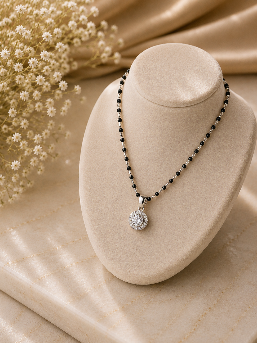 Compact 1cm diameter multiple cz stone pendant with an 18’’ mangalsutra chain in pure silver