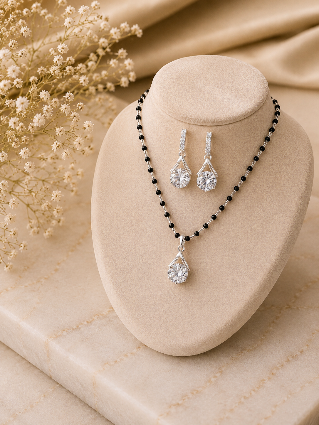 8mm cz stone pendant + 18'' long mangalsutra chain with matching four cz studs in pure silver
