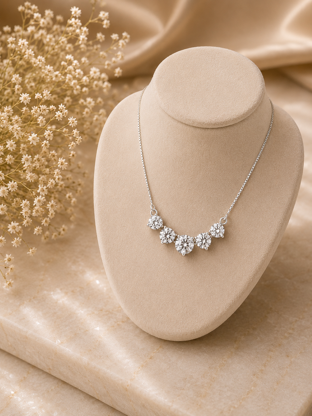 Five cz stone 18'' long necklace in pure silver