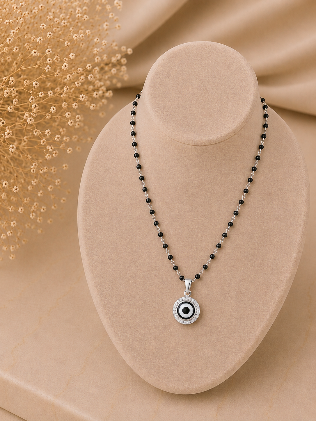 1.2 cm diameter multi cz stone studded evil eye pendant with an 18'' mangalsutra chain in pure silver