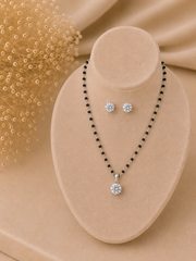 8mm single six prong  cz stone pendant + 18'' long mangalsutra chain with matching 7mm cz studs in pure silver