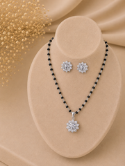 1cm compact  cz stone flower pendant + 18'' long mangalsutra chain with matching studs in pure silver