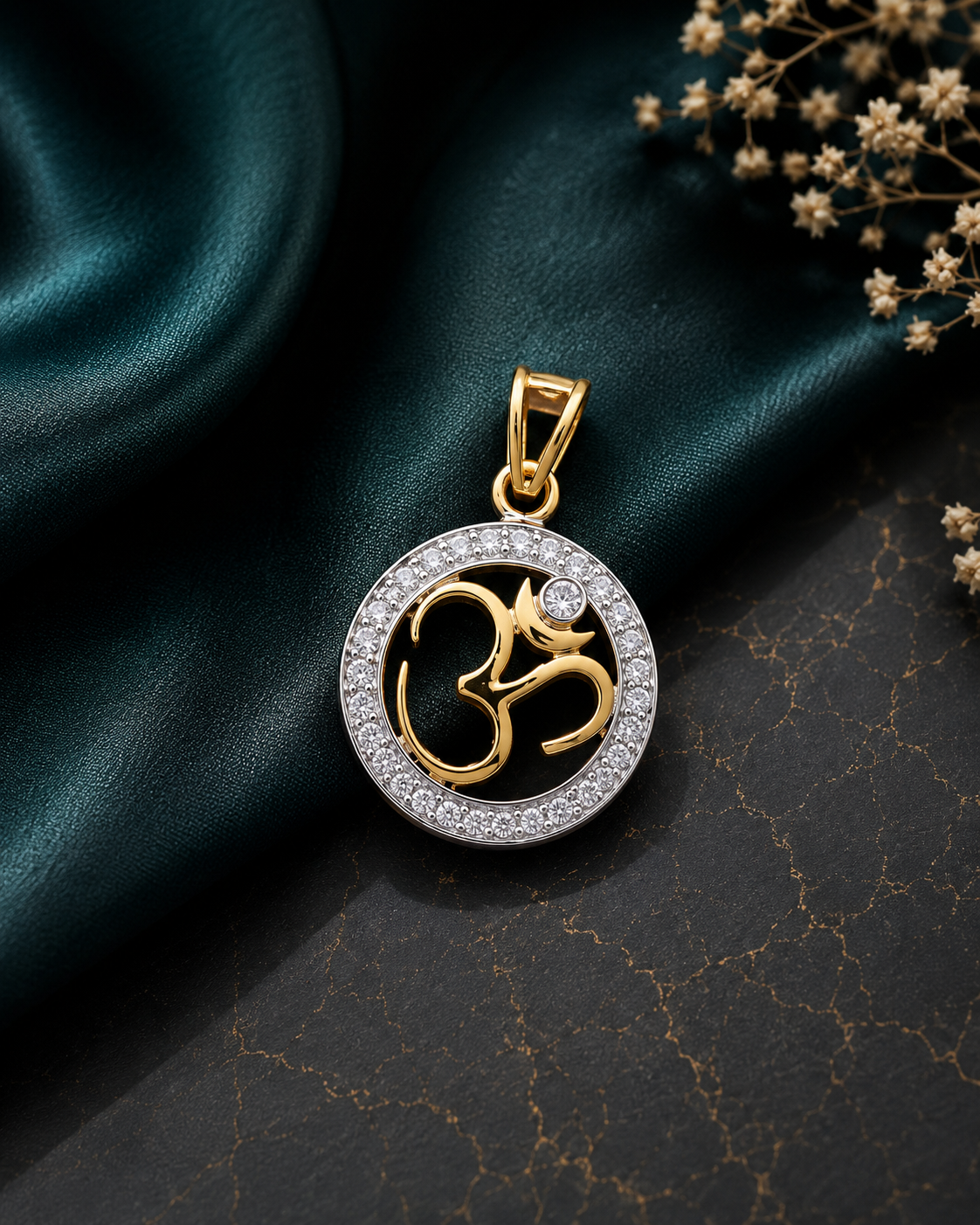 Om motif pendant with round cz stones border and 22 kt gold plating in pure silver