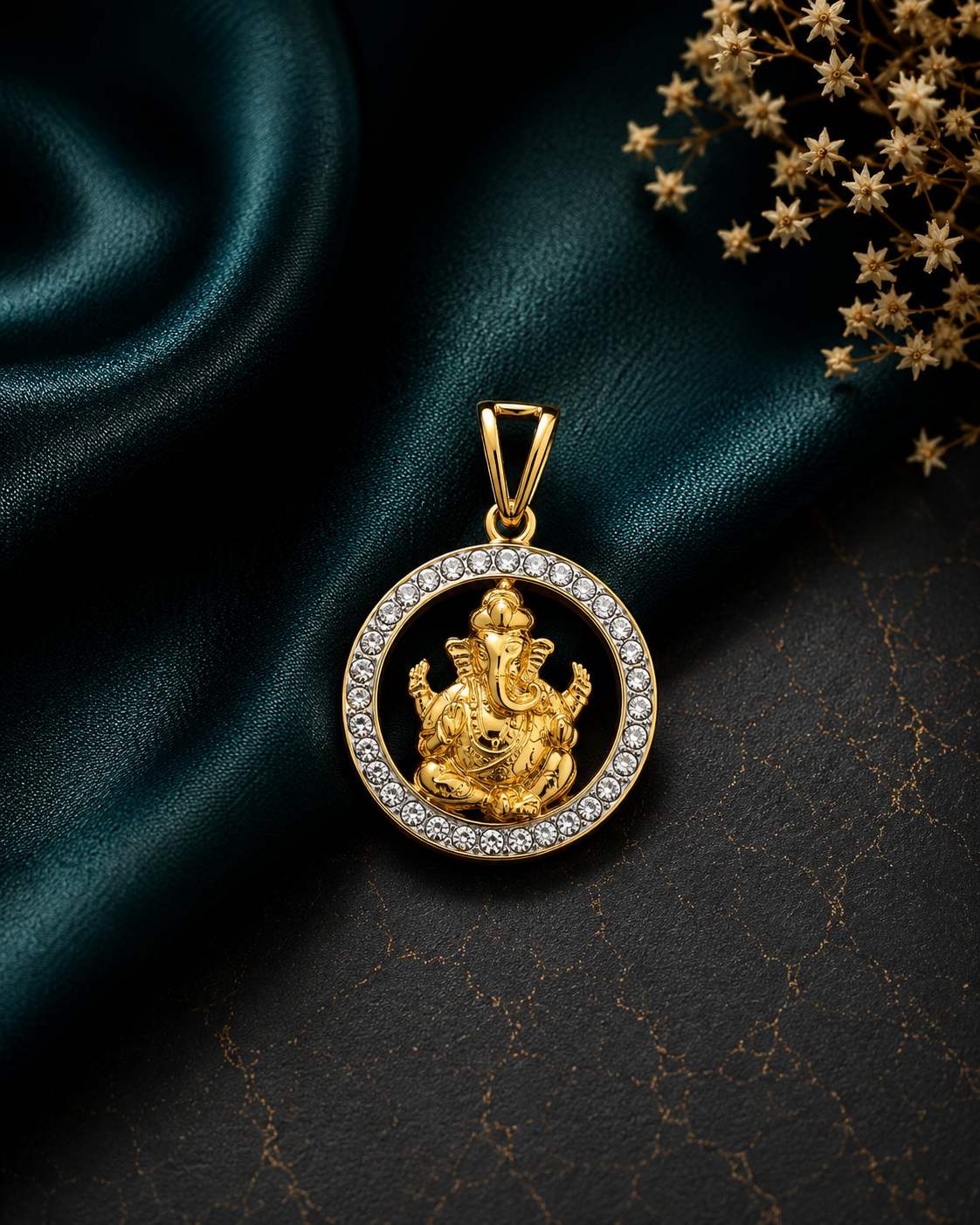 Round cz stone studded Ganesha motif pendant with 22 kt. gold plated in pure silver