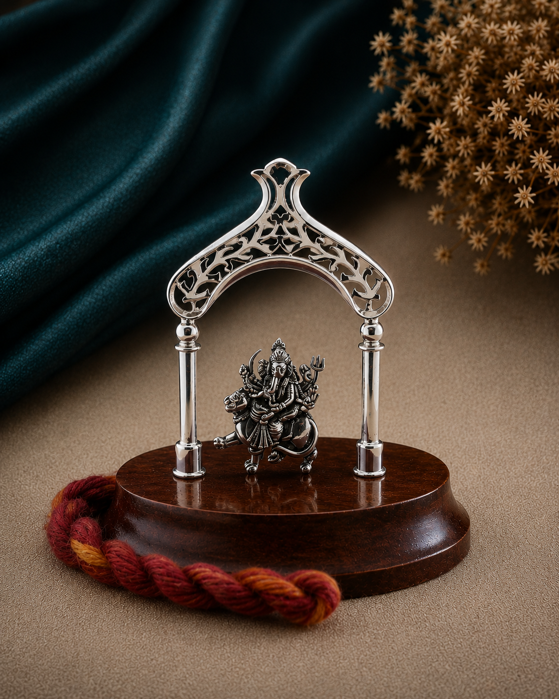 Pure Silver Durga Ji Idol on a rosewood base