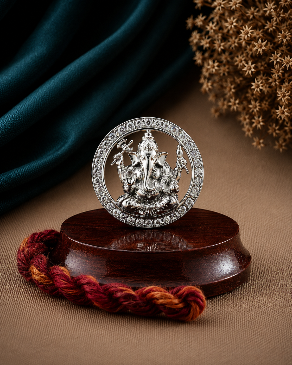 Divine Ganesha Pure Silver Idol with a cz stone border on a rosewood base