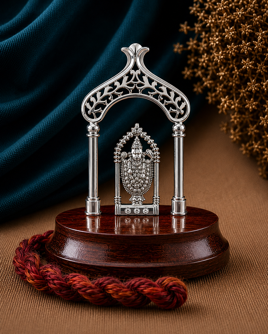 Tirupati idol in pure silver on a rosewood base