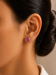 5x7mm oval ruby pink cz bezel setting studs in pure silver