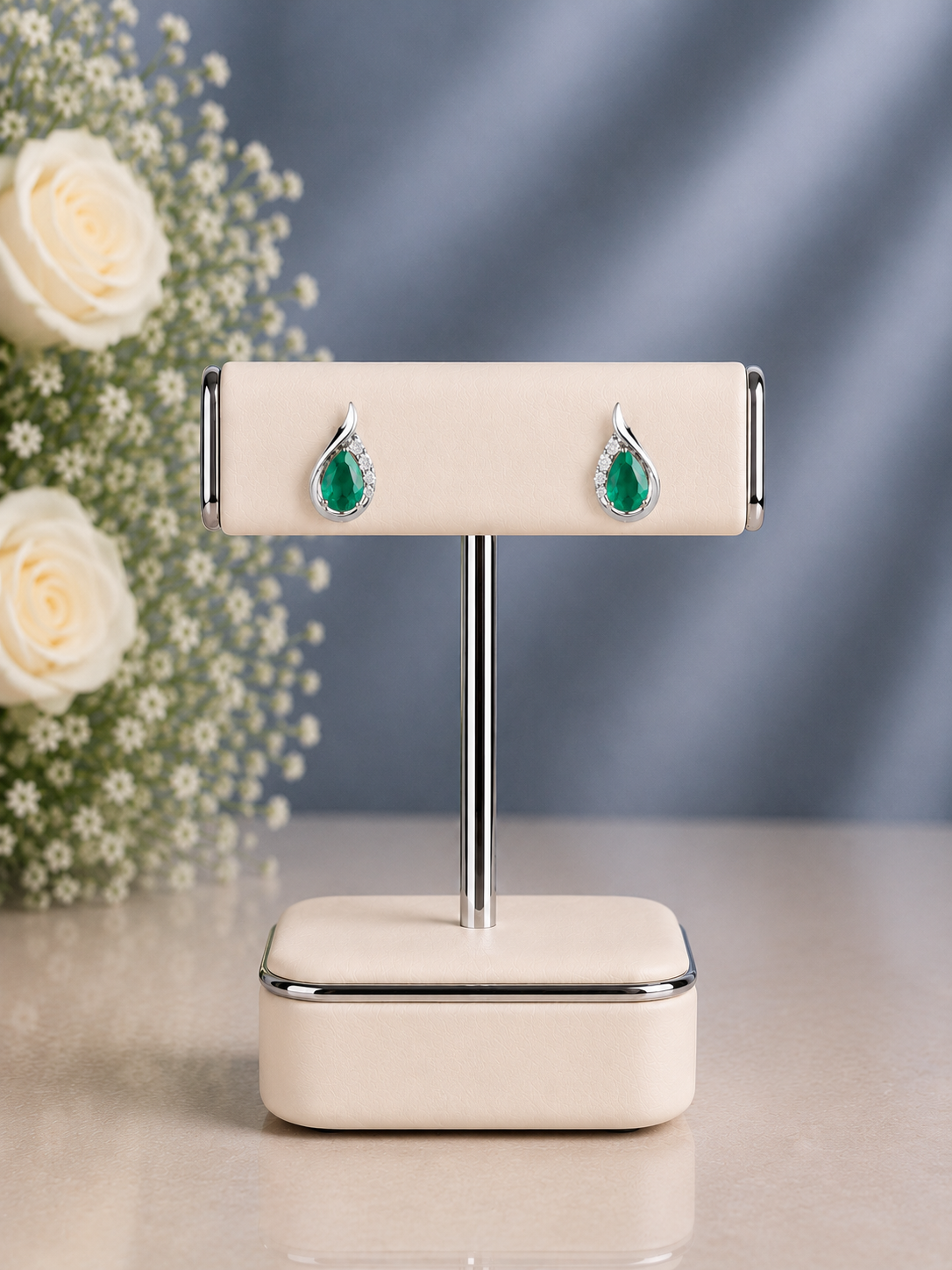 Emerald cz stone studs in pure silver