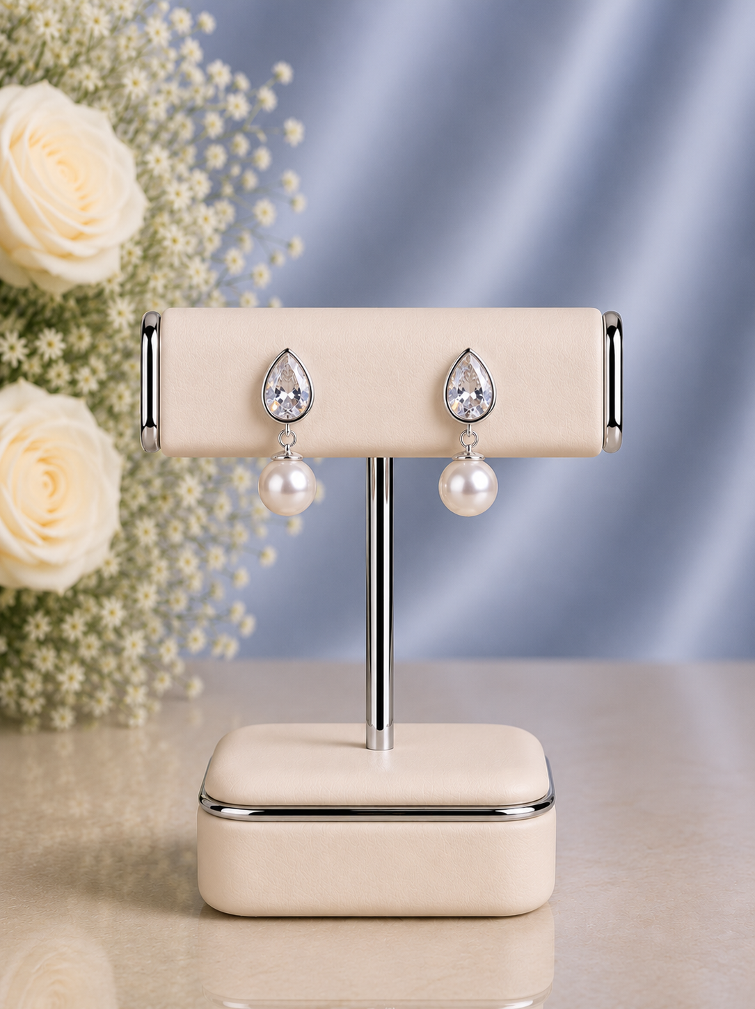 Kundan cut cz stone studs with pearl drops made in pure silver