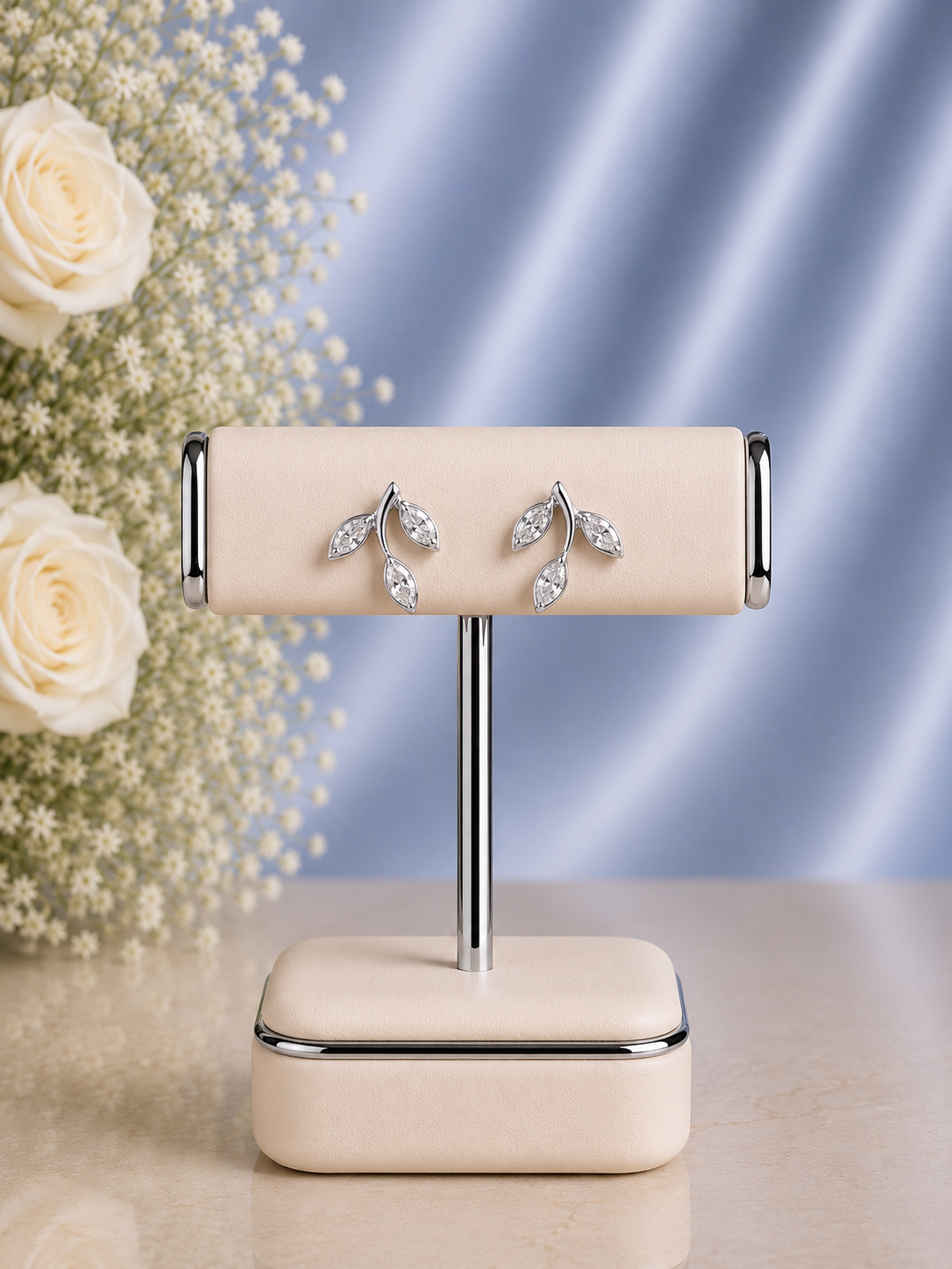 Three leaf compact cz stone studs in pure silver