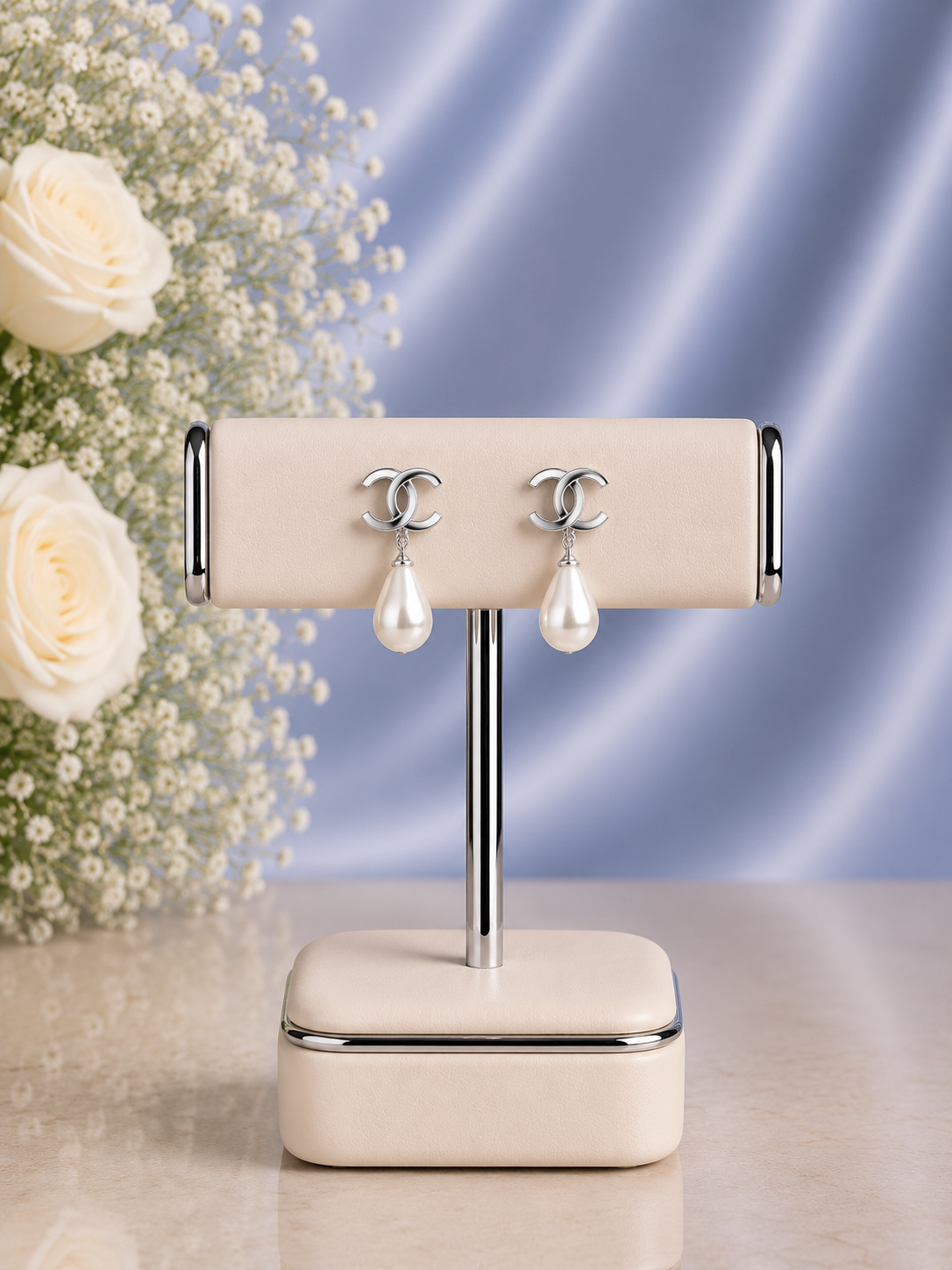 Opposite 'C' pattern studs with shell pearl drops set in pure silver