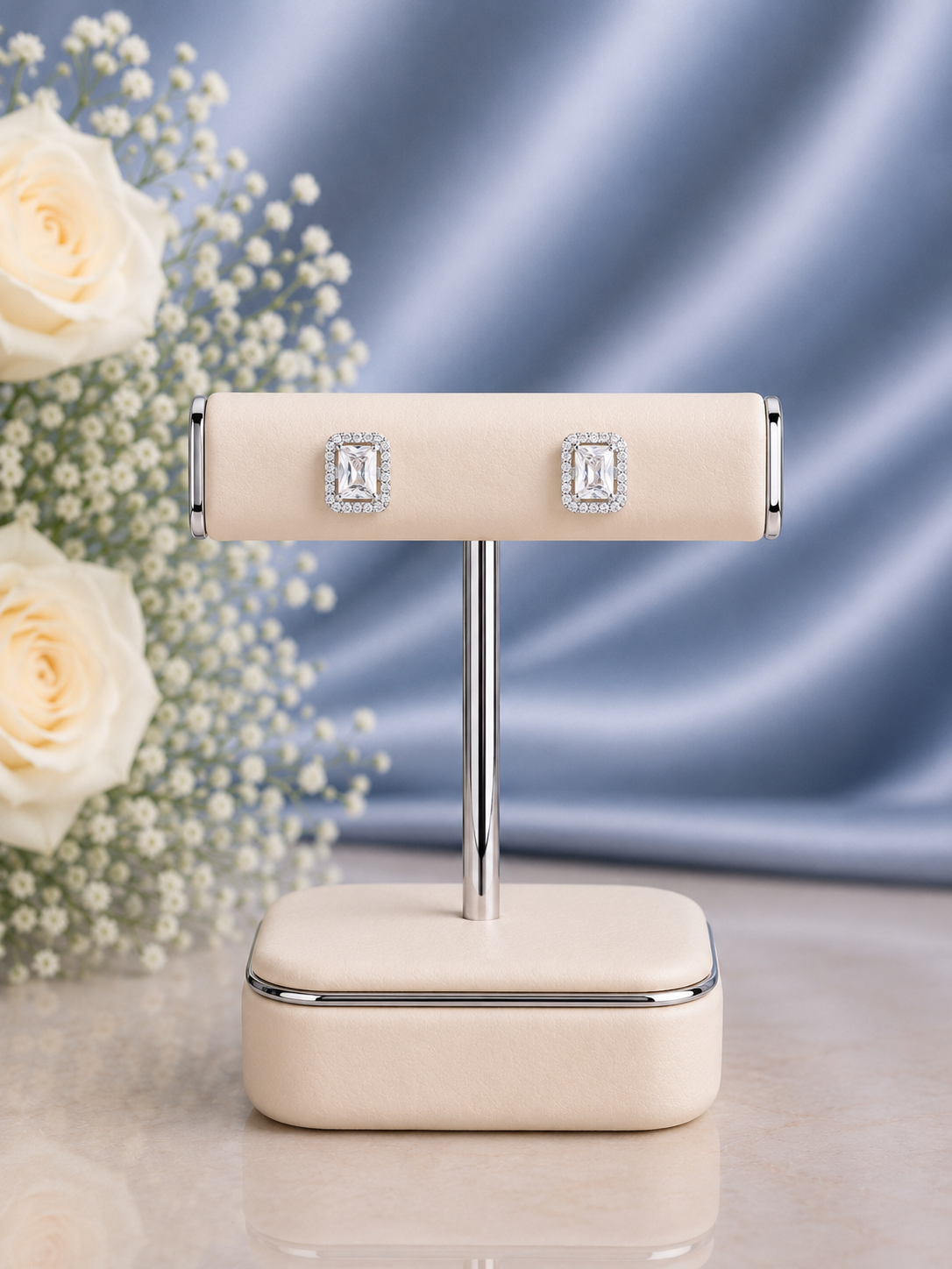Rectangle shape multi cz stone studs in pure silver