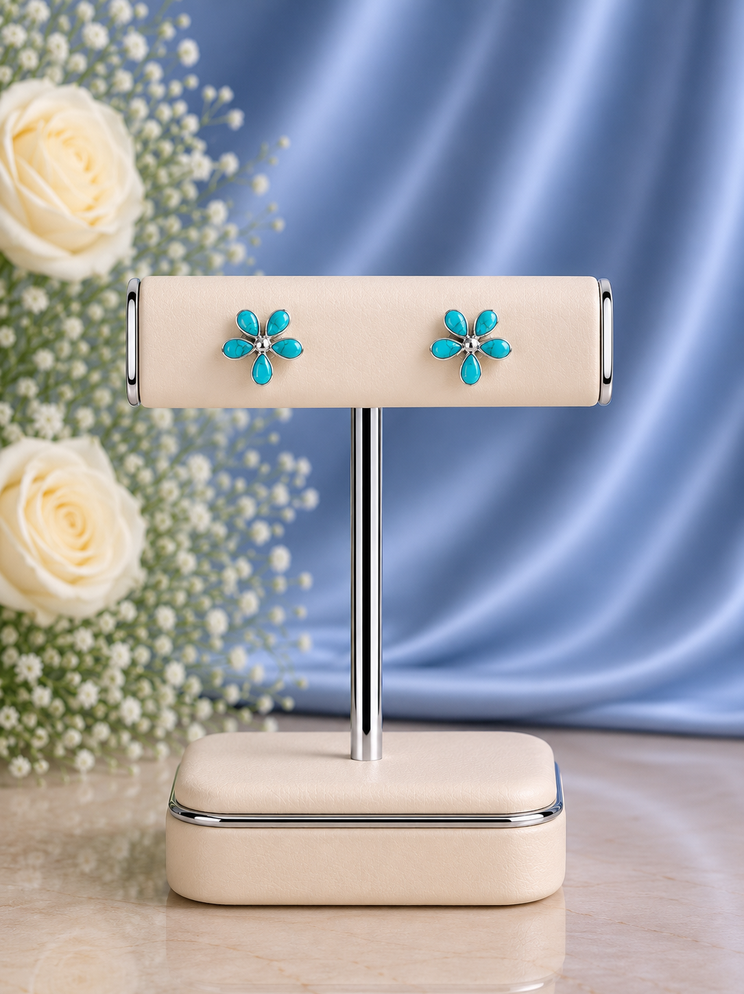 Turquoise stone flower studs made in pure silver