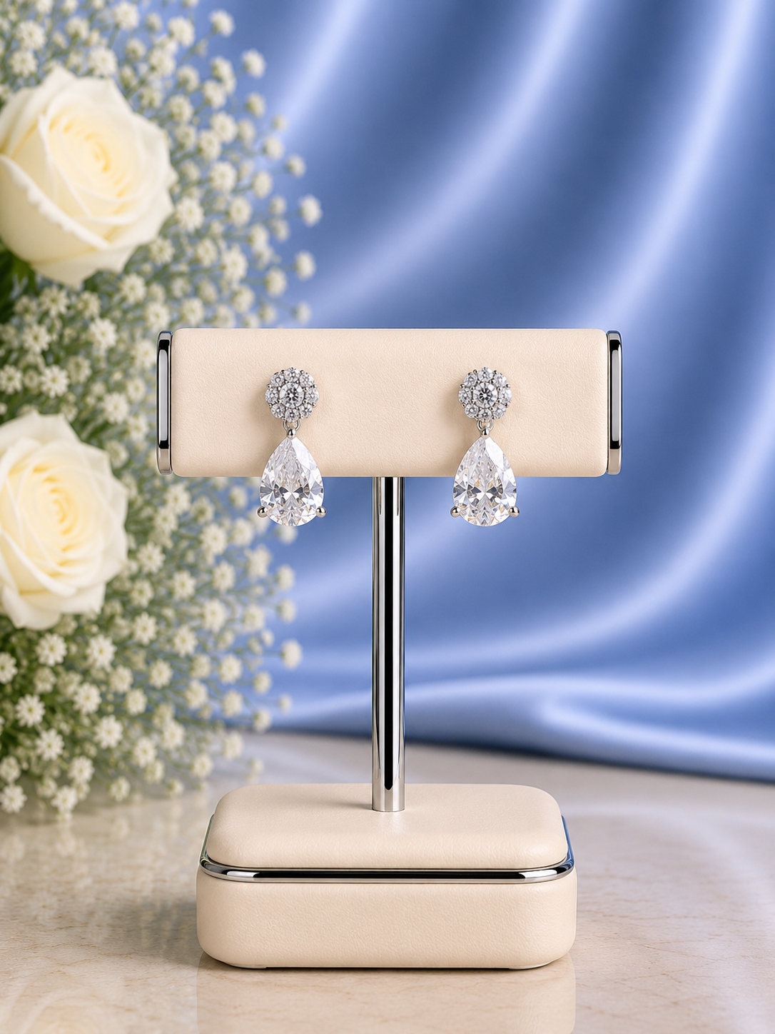 Pure silver cz stone 1.8 cm long compact flower with tear drop studs