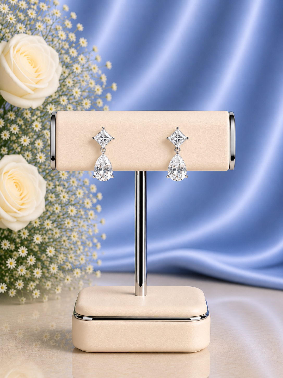 Geometric combination studs with 6mm square cz studs and a tear drop in pure silver