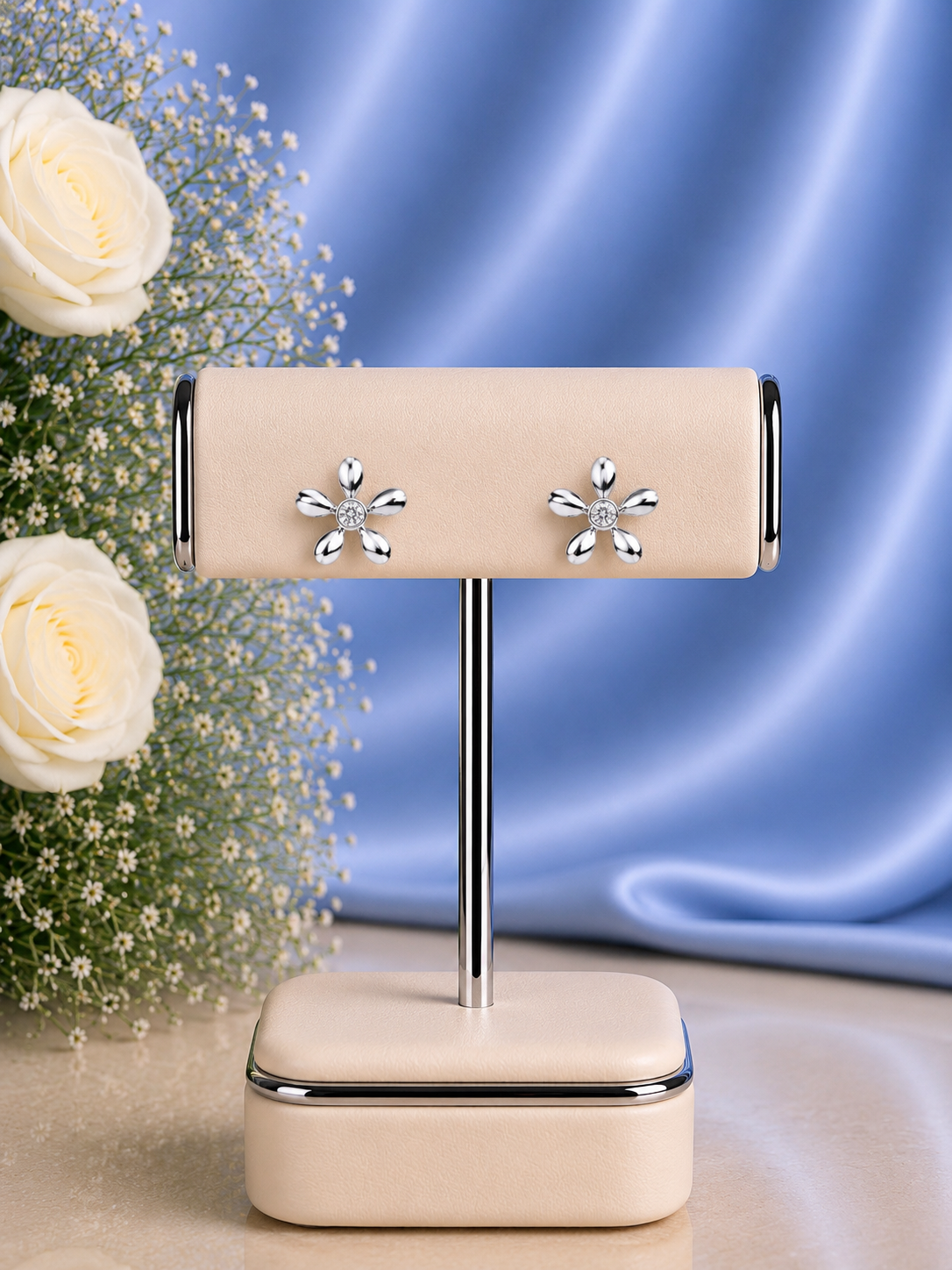 Flat flower studs with a single cz stone crafted in pure silver