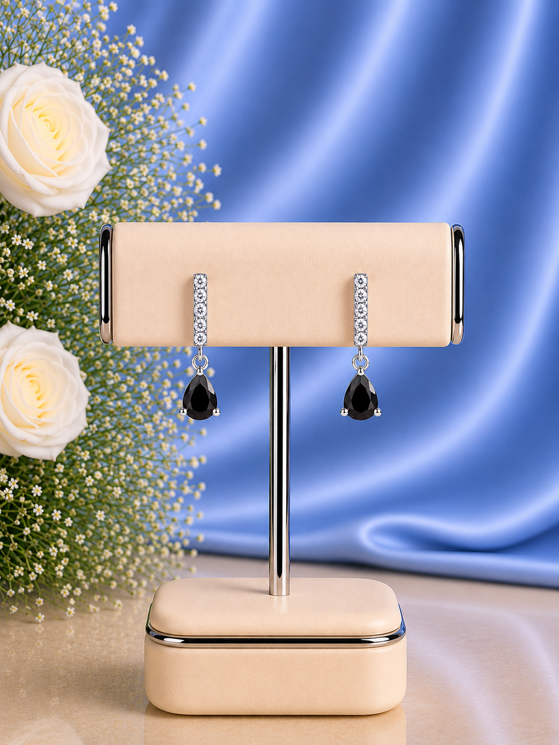 2.4 cm long five cz stone black onyx studs crafted in pure silver