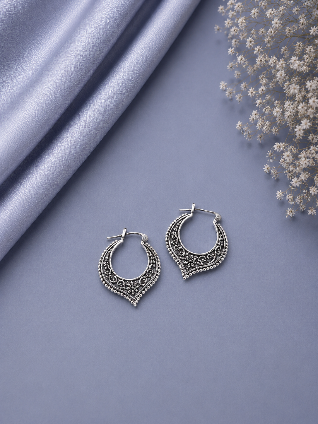 Rajasthani kundal bali with carving work in pure silver