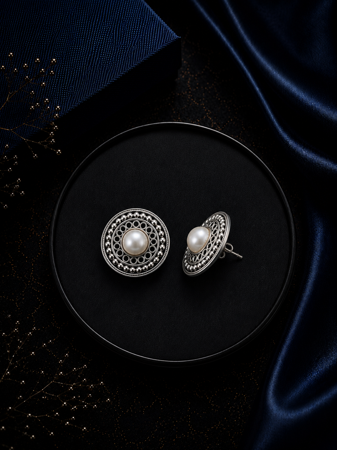 2 cm diameter carving rava work studs with a pearl center in pure silver