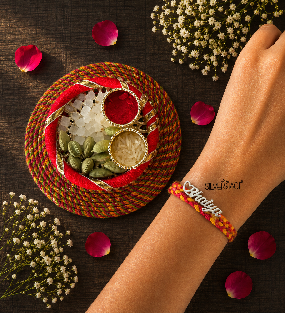 Silver 'Bhaiya' motif rakhi