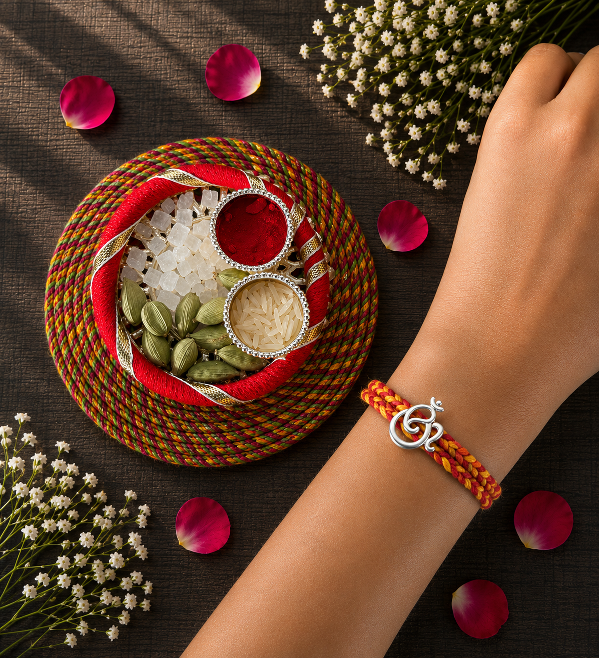 Silver Rounded Ganesha motif rakhi with a fusion of Om pattern