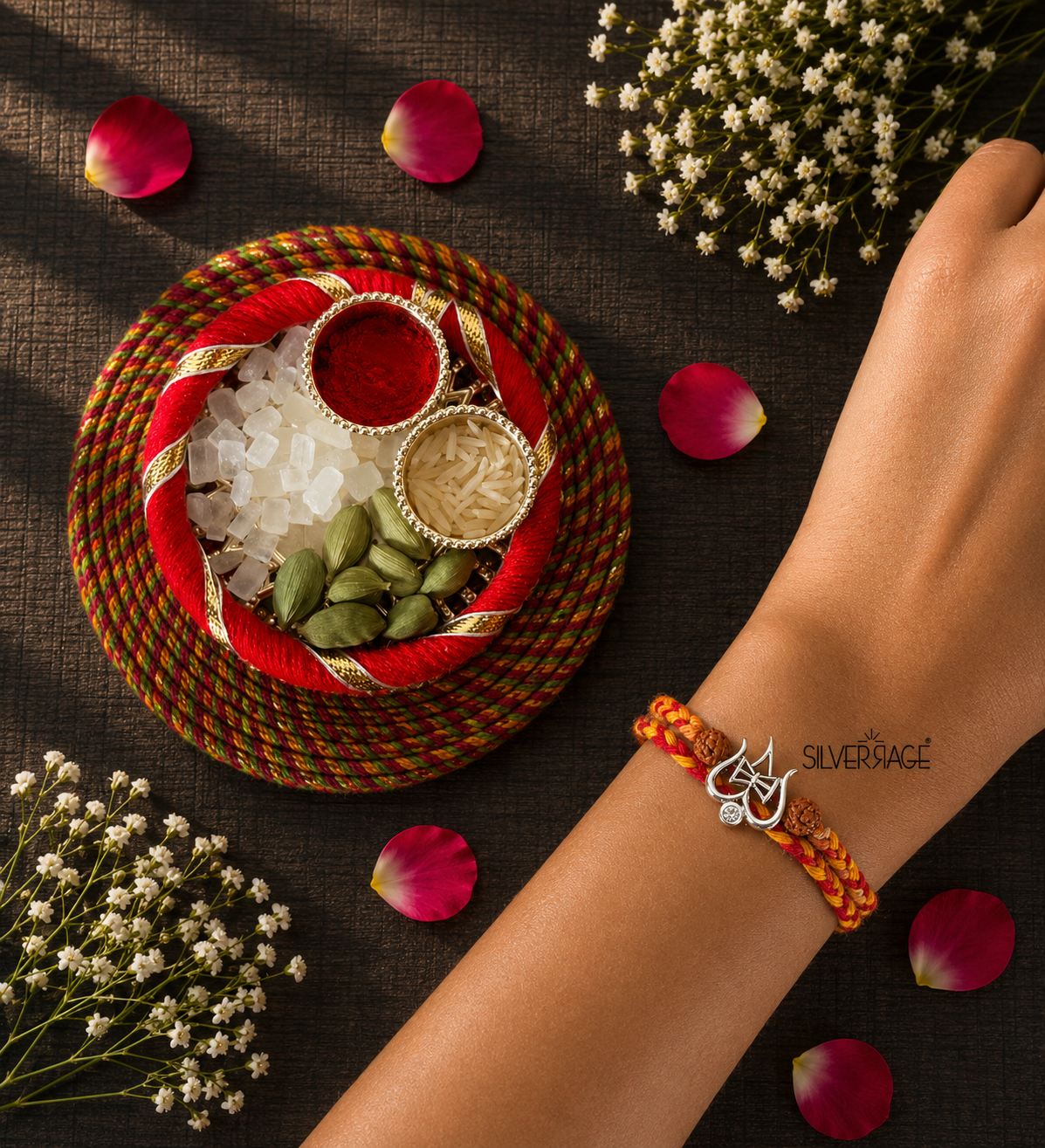 Silver New Damru-Trishul motif with cz stone rakhi