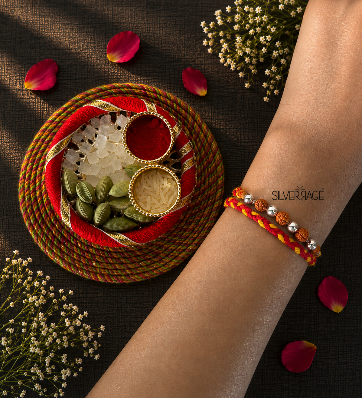 Small Silver Beads with Rudraksh beads rakhi