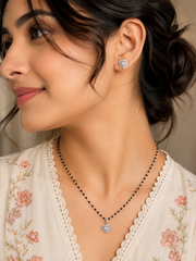 Multi cz heart halo setting pendant with an 18'' mangalsutra chain and matching earrings in pure silver
