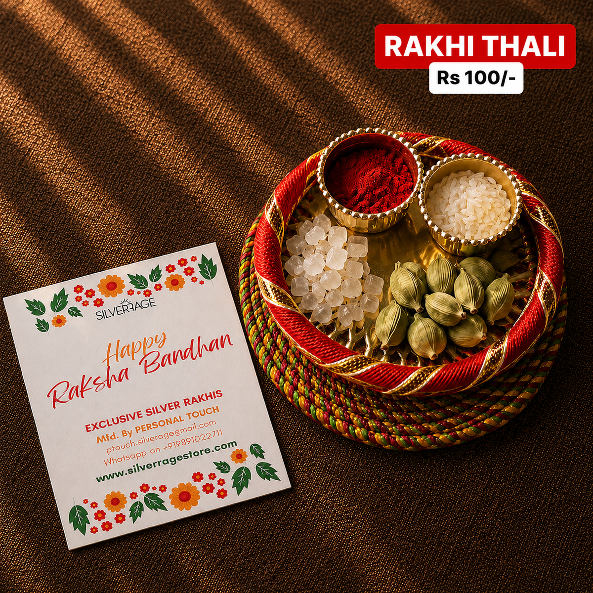 Rakhi Thali - with roli, chawal, mishri and elaichi