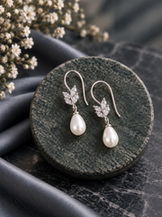 Pure silver marquise cut cz stone hangings with pearl drops