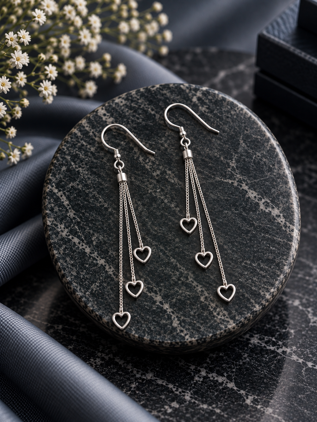 Heart cut out hanging earrings in pure silver
