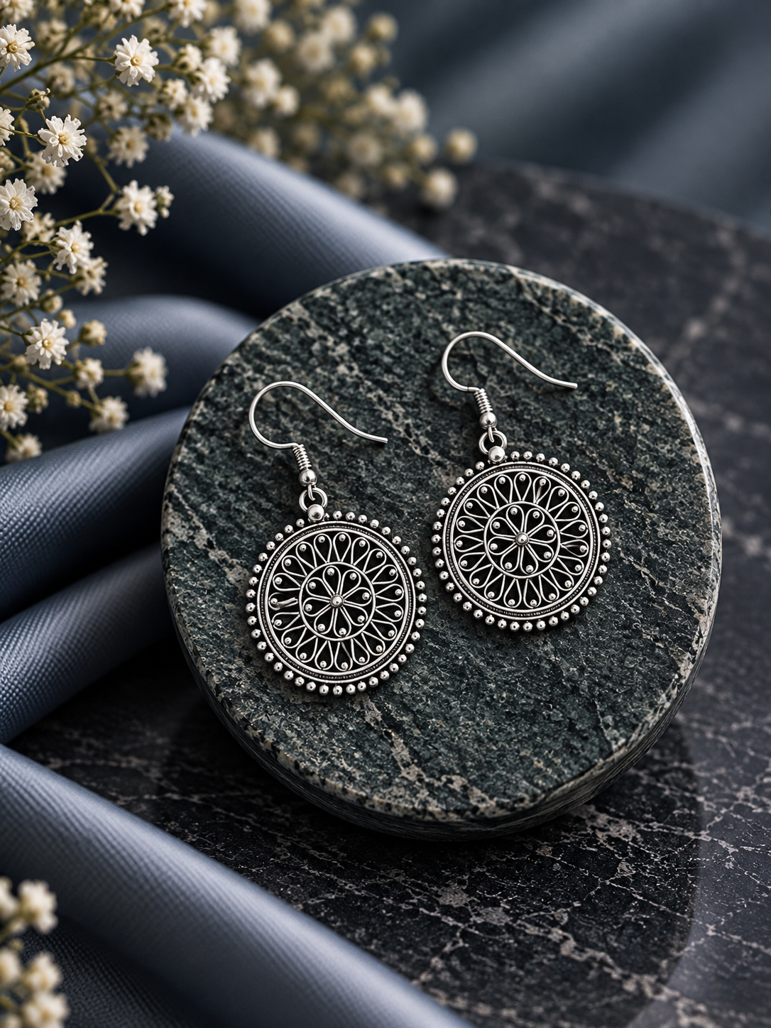 3 cm diameter intricate filigree work hangings earrings in pure silver