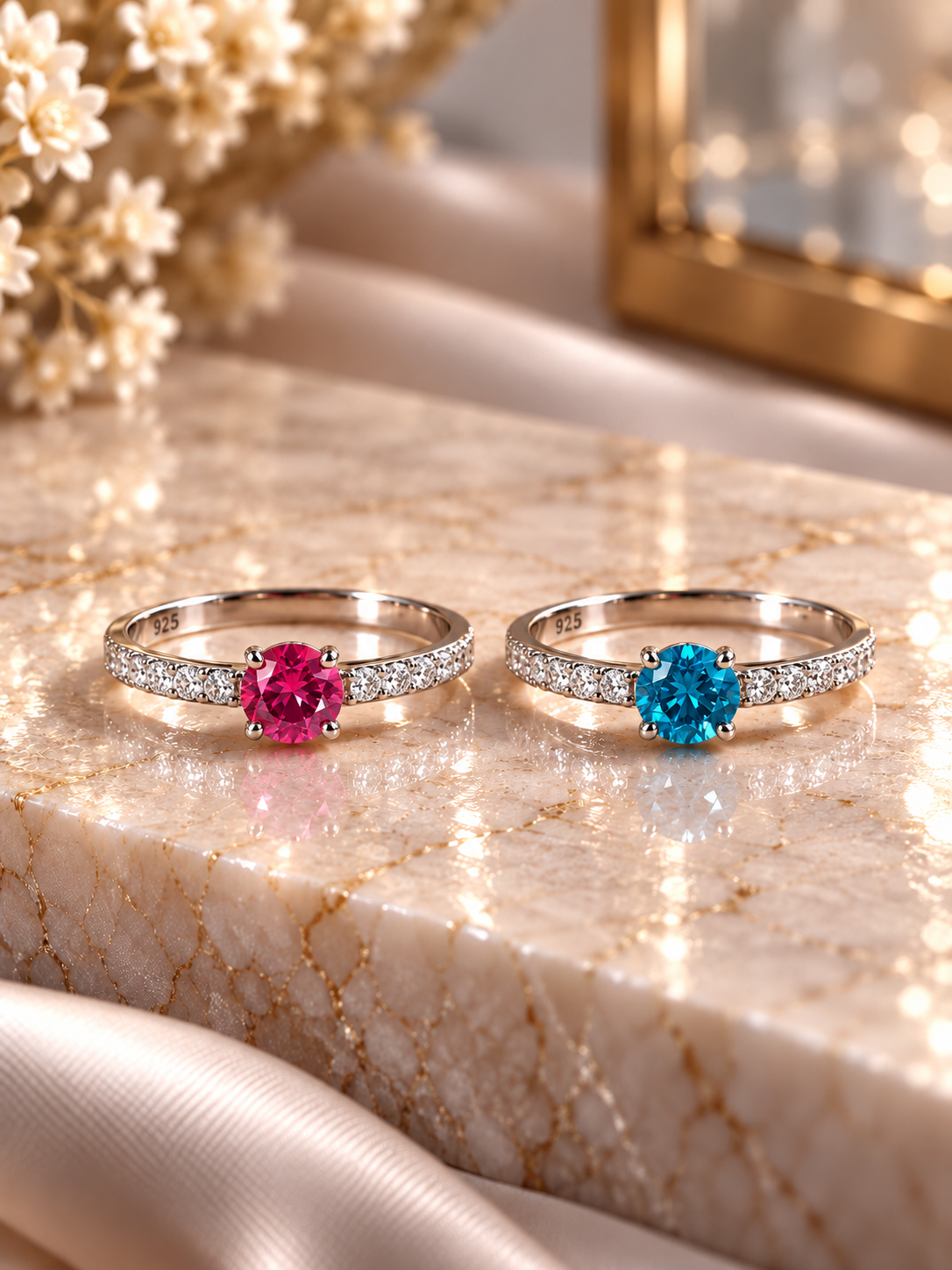 6mm coloured single cz stone with a half studded band in pure silver