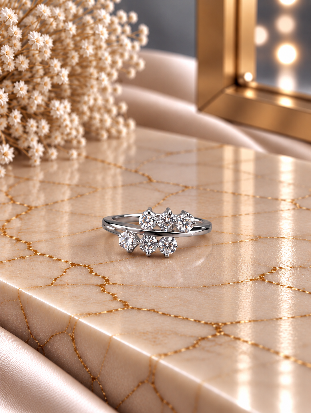 Six cz studded ring with overlap style in pure silver