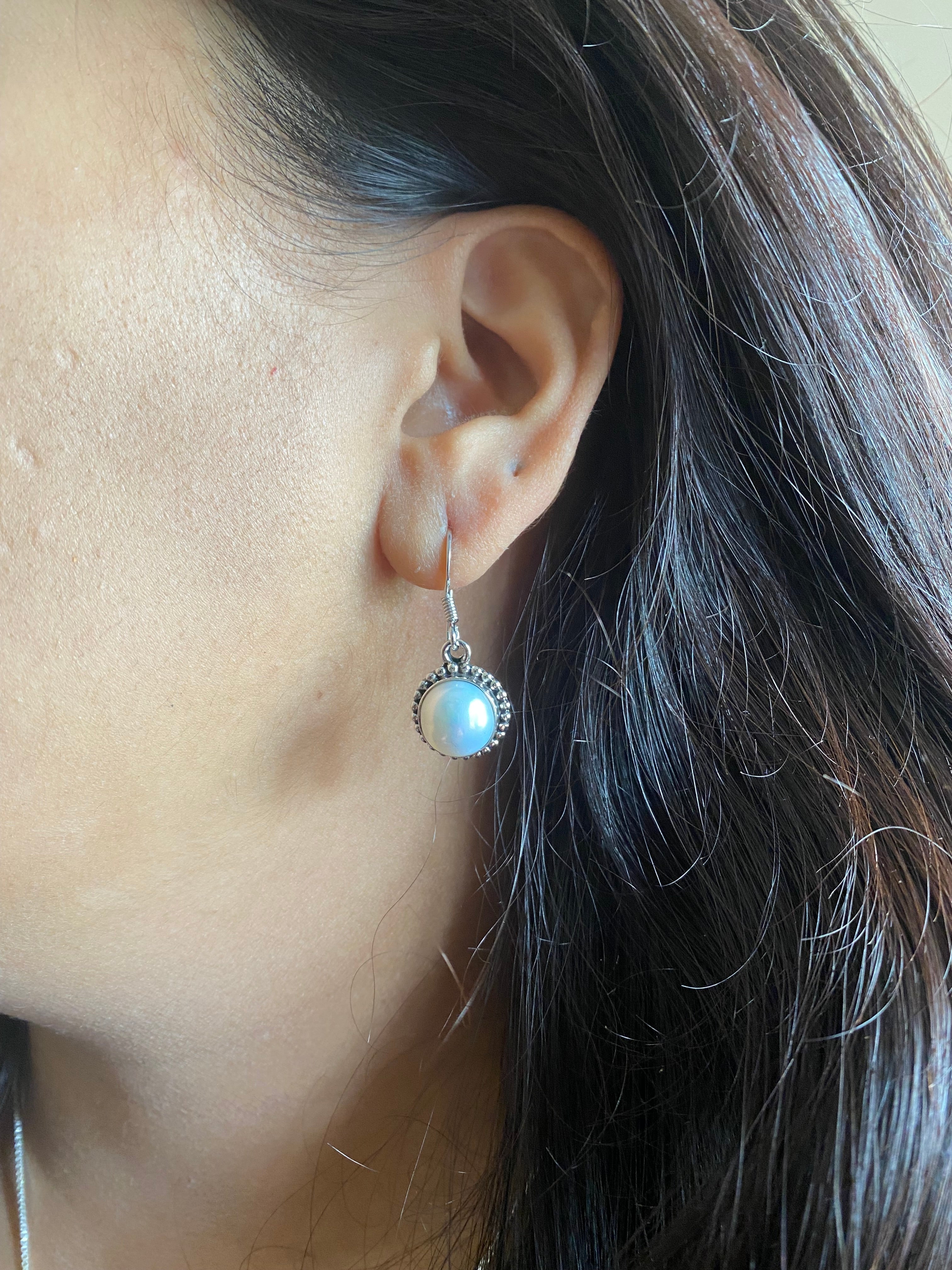 1.2cm diameter fresh water pearl rava work hangings in pure silver