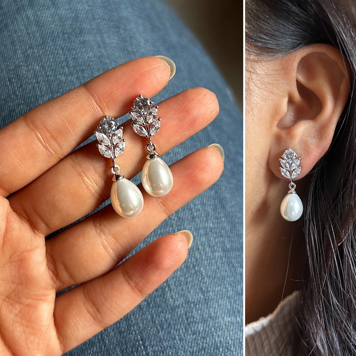 3cm long marquise cut cz stone studs with pearl hangings crafted in pure silver