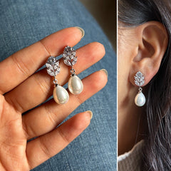 3cm long marquise cut cz stone studs with pearl hangings crafted in pure silver