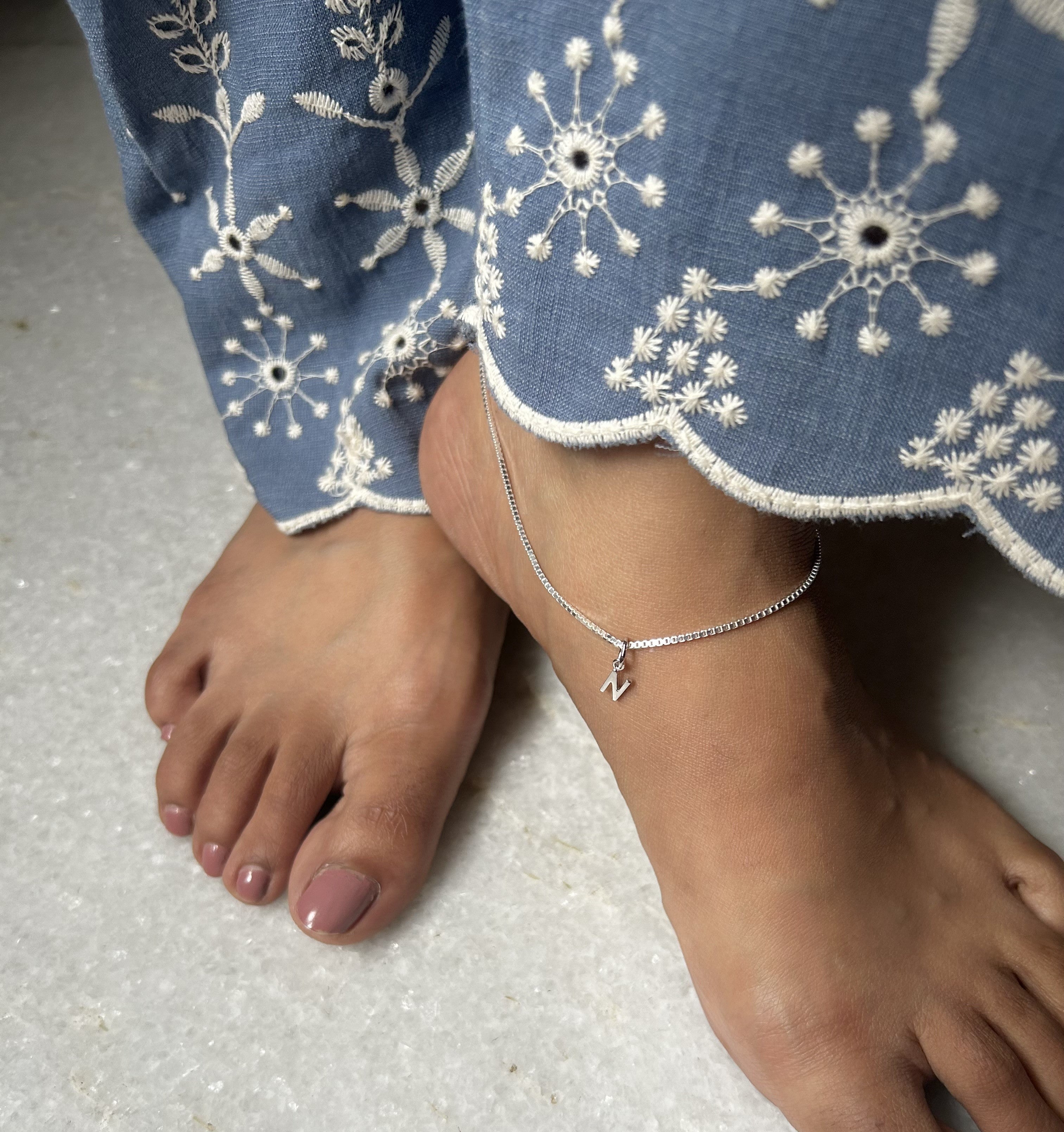 Sleek anklet with Alphabet charm in pure silver