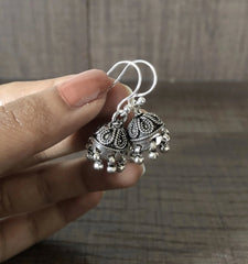 Antique finish carving work small jhumkas in pure silver