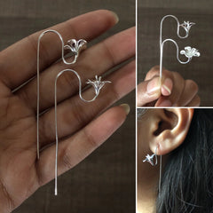 Long stick flower pattern earrings in pure silver
