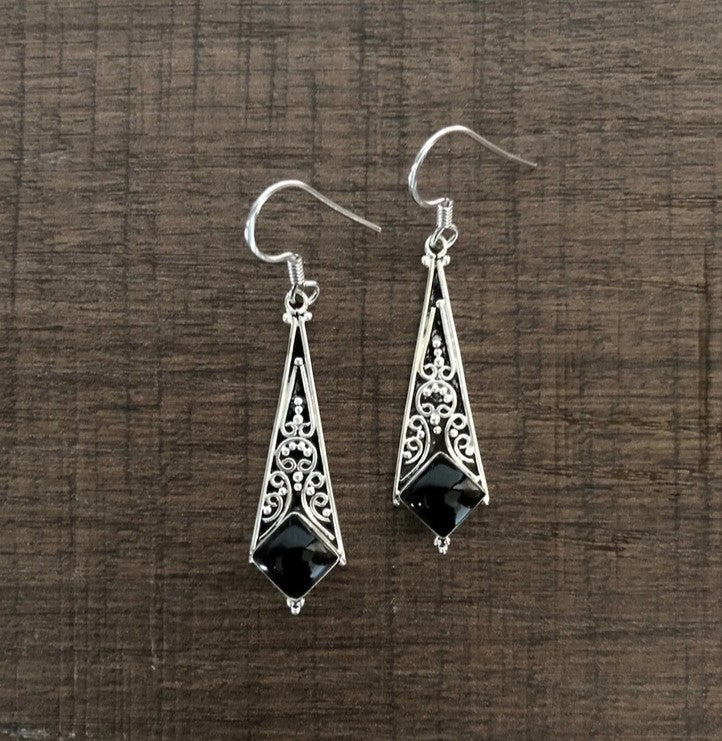 Long black cabstone carved hangings in pure silver