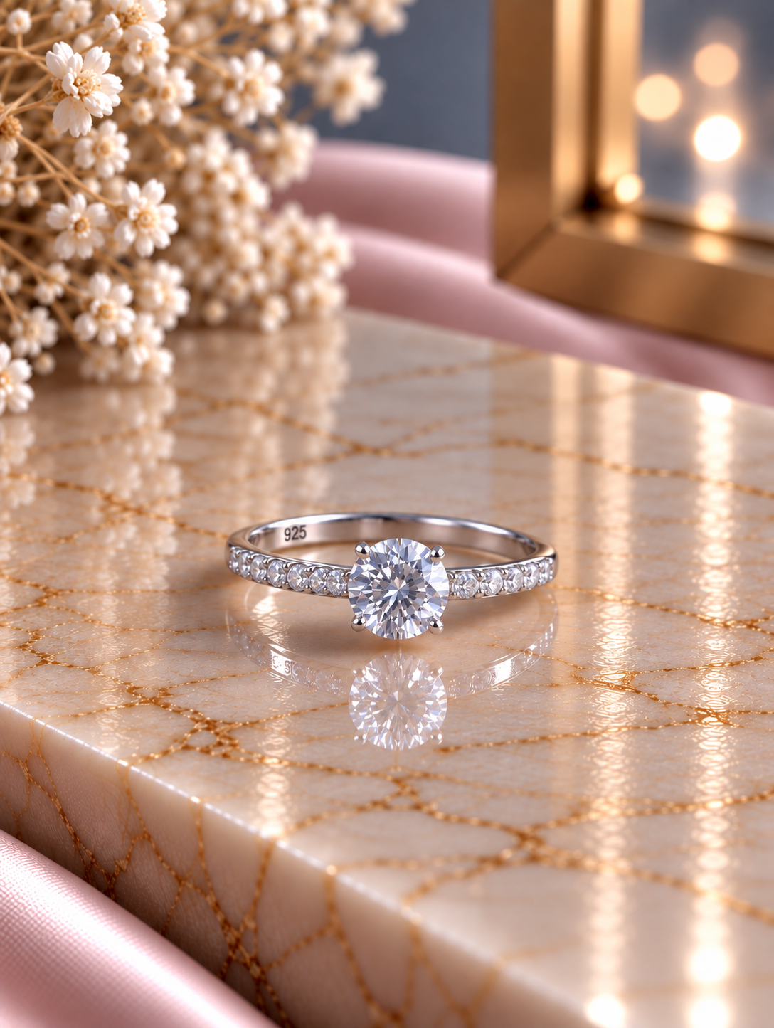 6mm single cz stone with a half studded band in pure silver