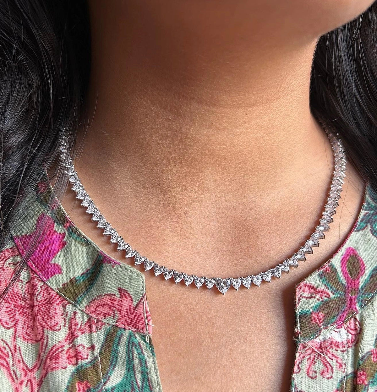 Multiple heart shape cz stone tennis style necklace in pure silver