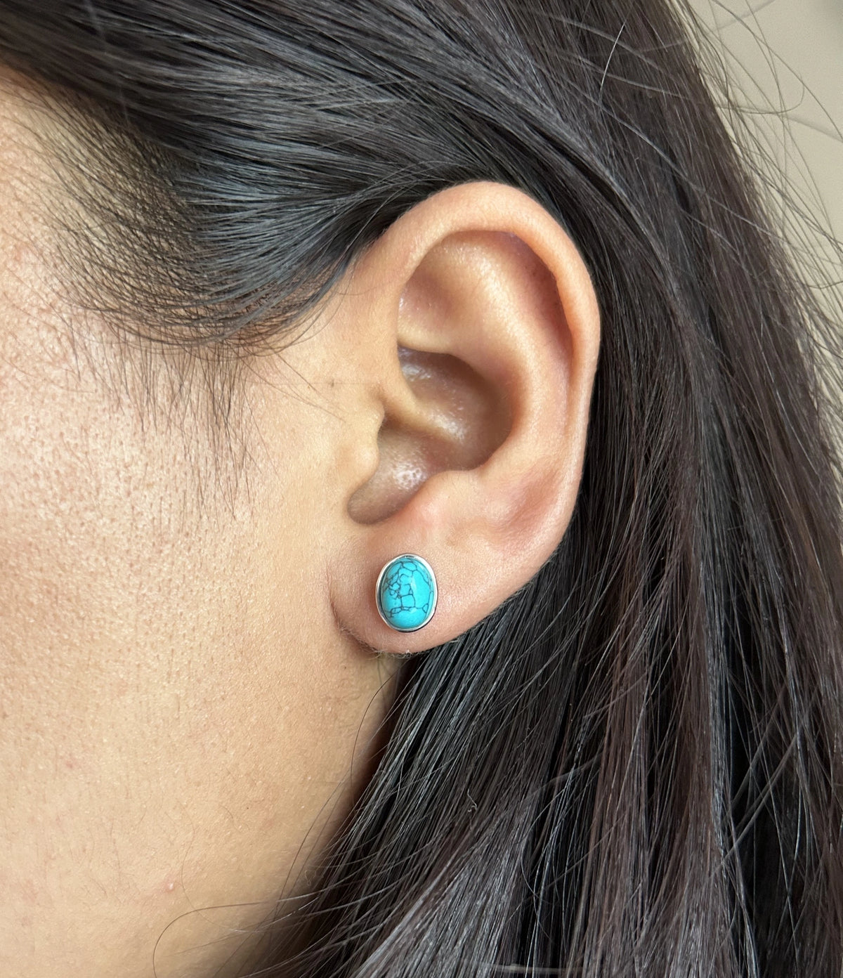 6x8mm turquoise bezel setting studs in pure silver