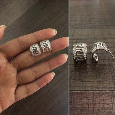 Half circle cz stone studded cut work studs in pure silver